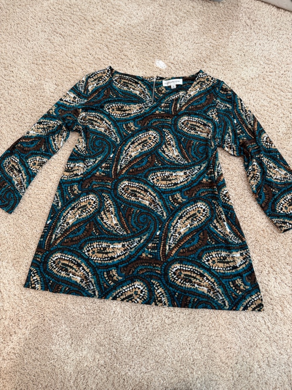 Evan-Picone Teal, Brown & Cream Paisley-Style Tunic Top